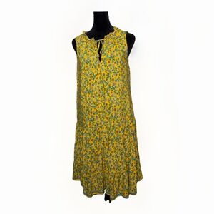 Max Studio Sleeveless Tiered Yellow Floral Dress Size M Ruffle V-Neck Tie